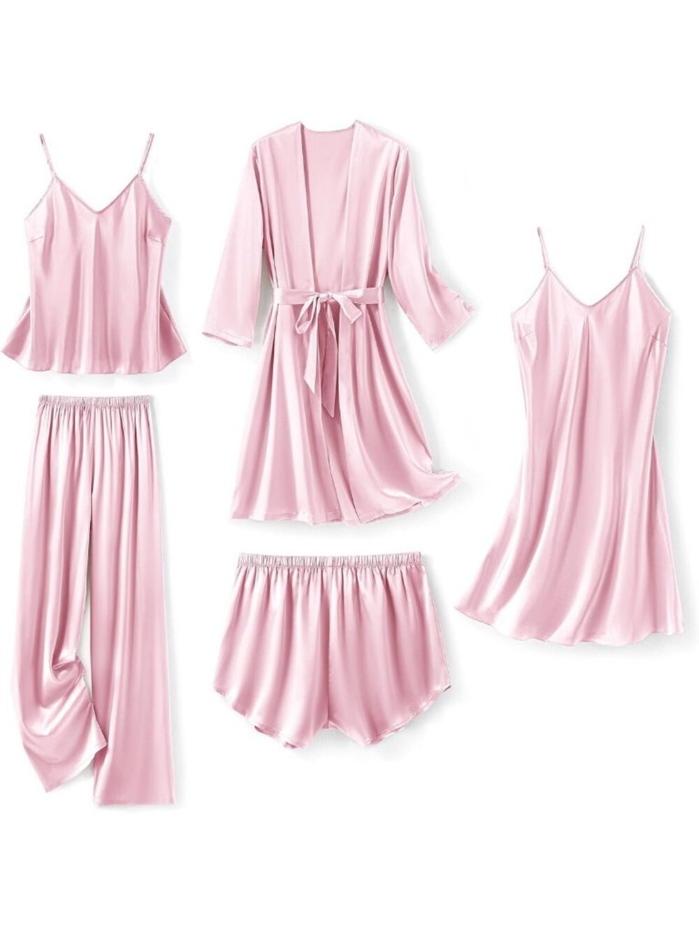 Silk Satin 5-Piece Pajama Set for Women - Robe, Nightgown, Cami & PJs
